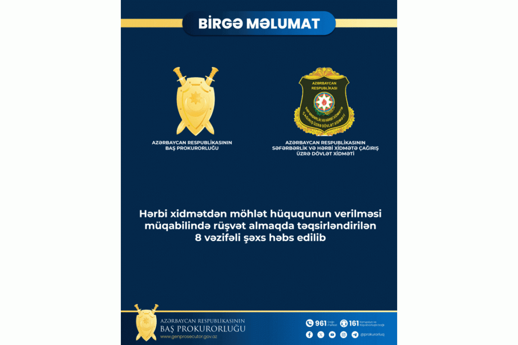 Hərbi xidmətdən möhlət hüququnun verilməsi müqabilində rüşvət almaqda təqsirləndirilən 8 vəzifəli şəxs həbs edilib